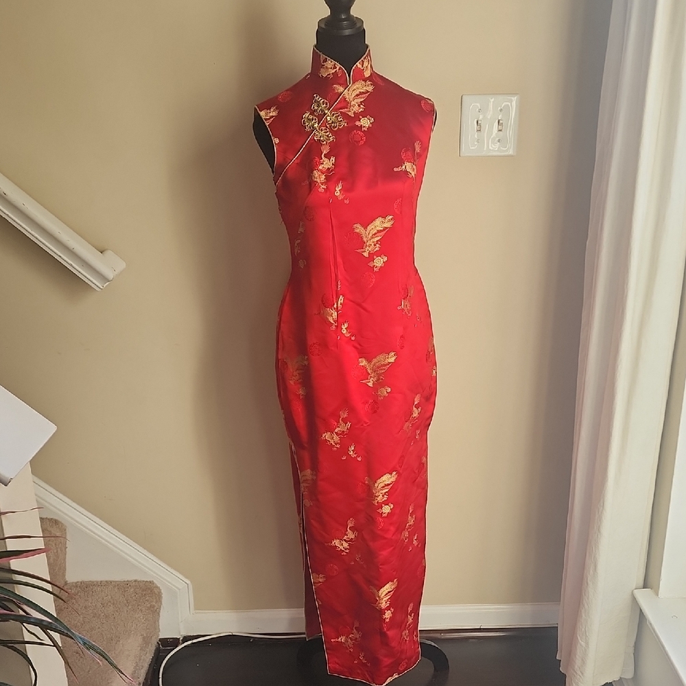 Red Floral Satin Maxi Cheongsam Dress